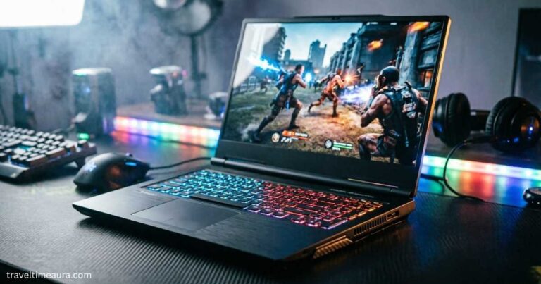 Gaming laptop with RGB keyboard displaying an action game setup.