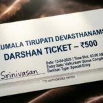 A printed Tirupati darshan ₹500 ticket issued by Tirumala Tirupati Devasthanams showing entry details for temple darshan at Tirupati.