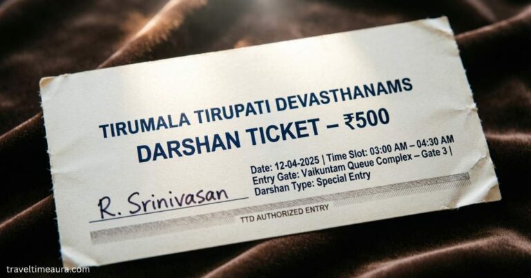 A printed Tirupati darshan ₹500 ticket issued by Tirumala Tirupati Devasthanams showing entry details for temple darshan at Tirupati.