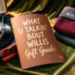 “What U Talkin’ Bout Willis Gift Guide” beside a record player, sweaters, and a snow globe.