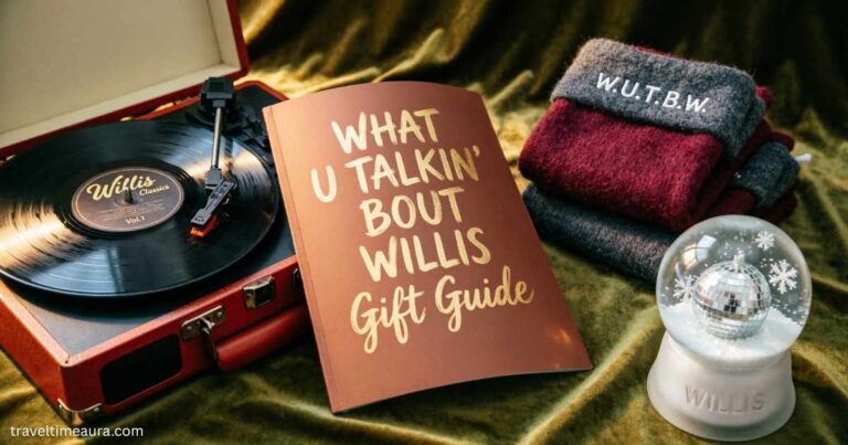 “What U Talkin’ Bout Willis Gift Guide” beside a record player, sweaters, and a snow globe.