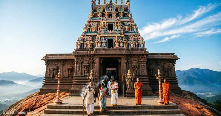 Hilltop Hindu temple with ornate stone carvings and a tall gopuram, with visitors entering the complex.